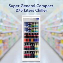Super General 275 Liter Gross Compact Single-Door Chiller, Upright Beverage-Showcase, Energy-Saving, Low-Noise, White, SGSC256