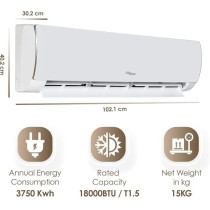 Super General 1.5 Ton Split Air Conditioner, 18000 BTU, Rotary Compressor, Auto Restart, Gold Fin, 4-Way Swing, SGS-181-4GE, White