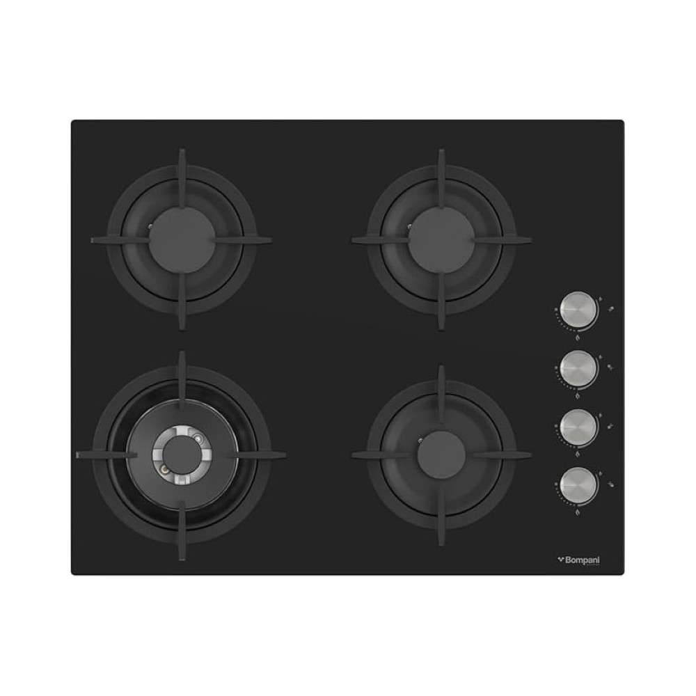 Bompani 60Cm Built-In Hob, 4 Gas Euro Type Pool Burners, Sabaf Burners, Tempered Black Glass, BO217VFT, Black