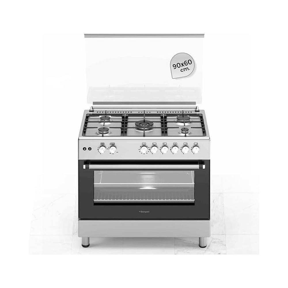 Bompani 90 x 60Cm 5-Burner Cooking Range With Mechanical Timer, Gas Oven, Grill, Ffd, Full-Safety, Automatic Ignition, BO693YAL, Silver