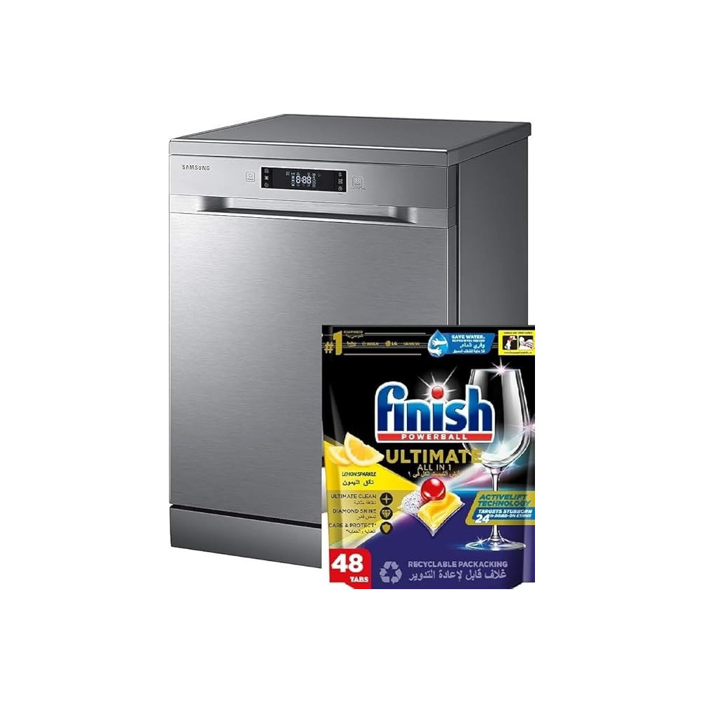 Samsung 6 Programmes 13 Place Settings Free Standing Dishwasher, Dishwasher Detergent Tablets 48 Tabs, Silver, DW60M6040FS