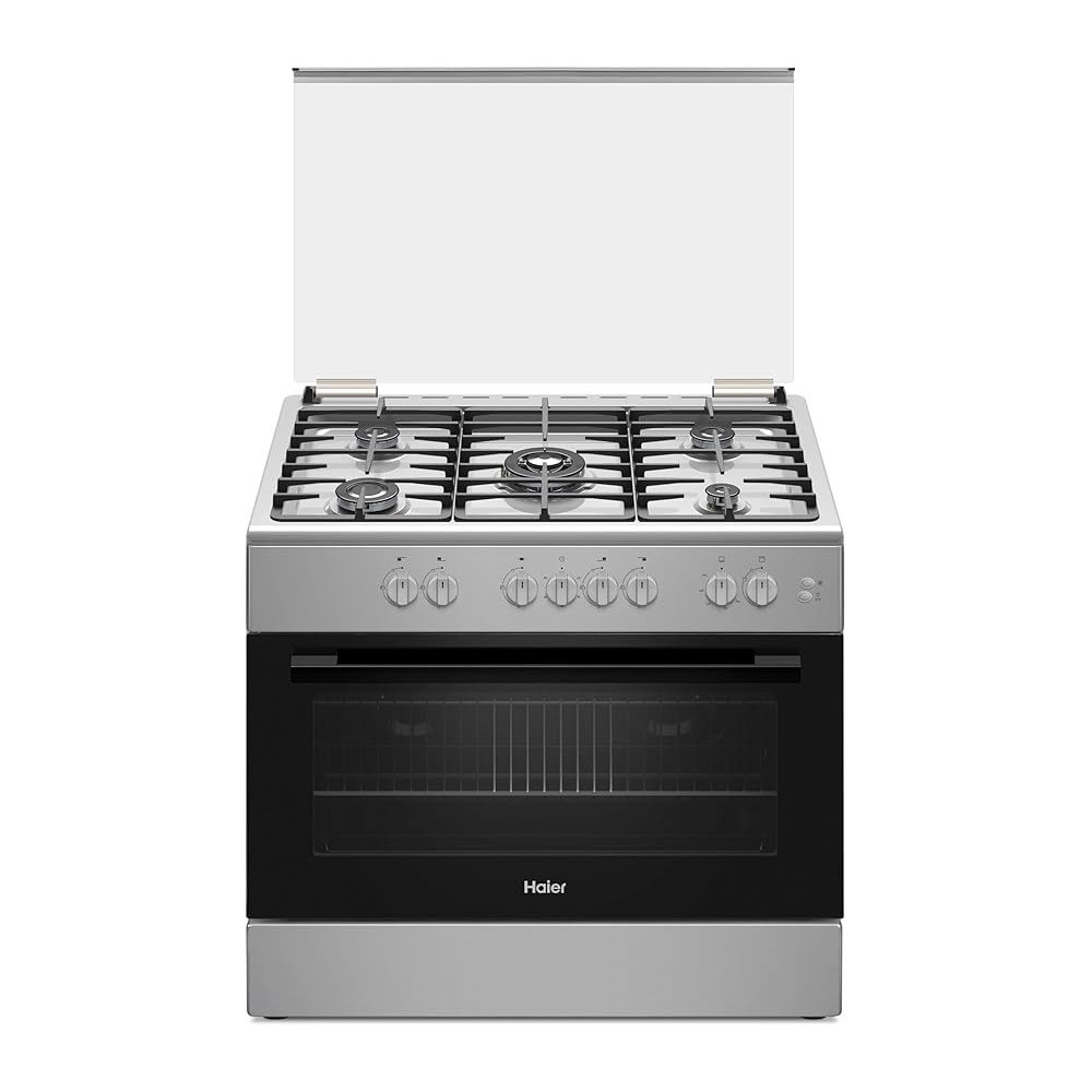 Haier Gas Cooking Range 5 Burners Freestanding Oven Capacity 104L 3-sec auto cut off Safe Convenient Flame Failure Device Dual tempered glass 90×60 cm Color stainless steel, HCR9060GT1