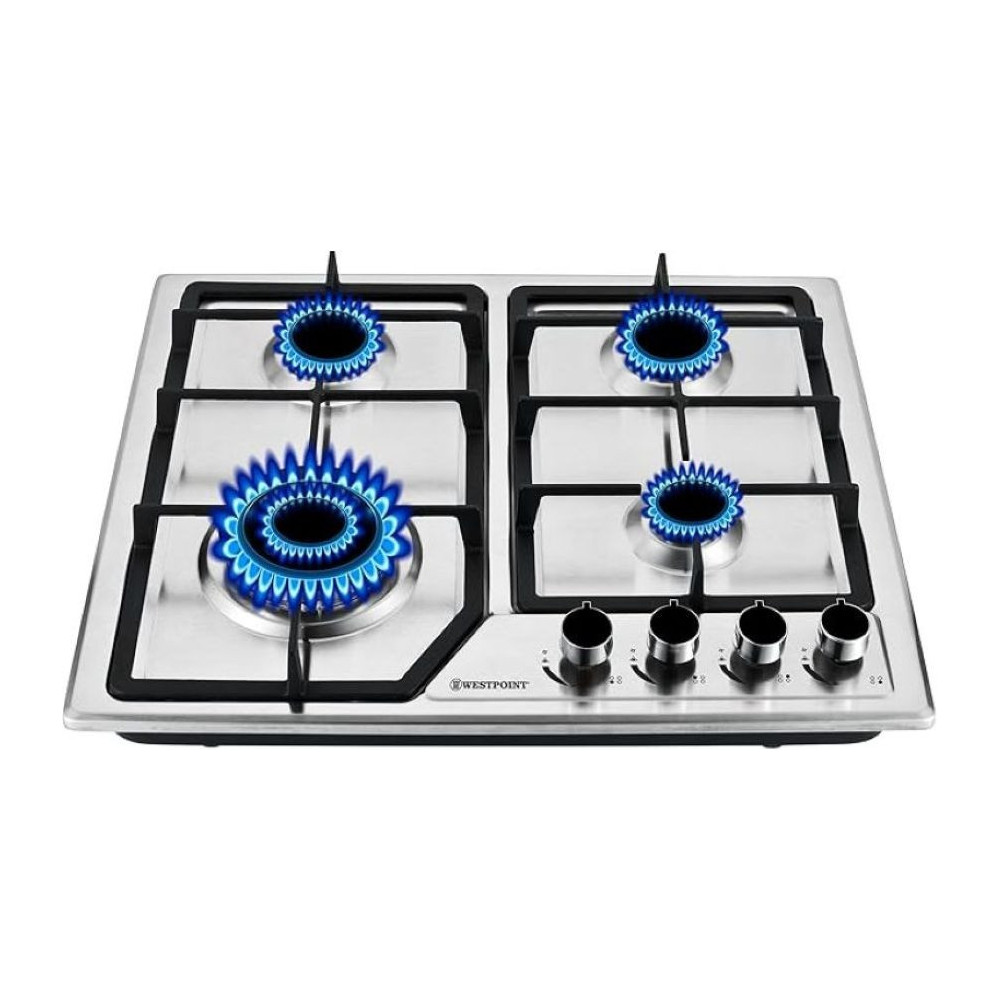 Westpoint 4 Burner Countertop Gas Hob 60 Cm With Auto Ignition, Cast Iron Support, Full Safety Features, Straight Flame, Stainless Steel Body, Enamabled Burners, WGUJ-6640GIF