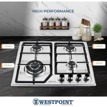 Westpoint 4 Burner Countertop Gas Hob 60 Cm With Auto Ignition, Cast Iron Support, Full Safety Features, Straight Flame, Stainless Steel Body, Enamabled Burners, WGUJ-6640GIF