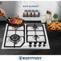 Westpoint 4 Burner Countertop Gas Hob 60 Cm With Auto Ignition, Cast Iron Support, Full Safety Features, Straight Flame, Stainless Steel Body, Enamabled Burners, WGUJ-6640GIF