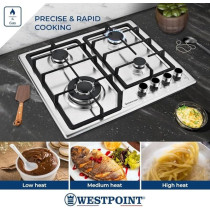 Westpoint 4 Burner Countertop Gas Hob 60 Cm With Auto Ignition, Cast Iron Support, Full Safety Features, Straight Flame, Stainless Steel Body, Enamabled Burners, WGUJ-6640GIF