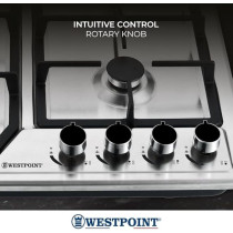 Westpoint 4 Burner Countertop Gas Hob 60 Cm With Auto Ignition, Cast Iron Support, Full Safety Features, Straight Flame, Stainless Steel Body, Enamabled Burners, WGUJ-6640GIF