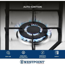 Westpoint 4 Burner Countertop Gas Hob 60 Cm With Auto Ignition, Cast Iron Support, Full Safety Features, Straight Flame, Stainless Steel Body, Enamabled Burners, WGUJ-6640GIF