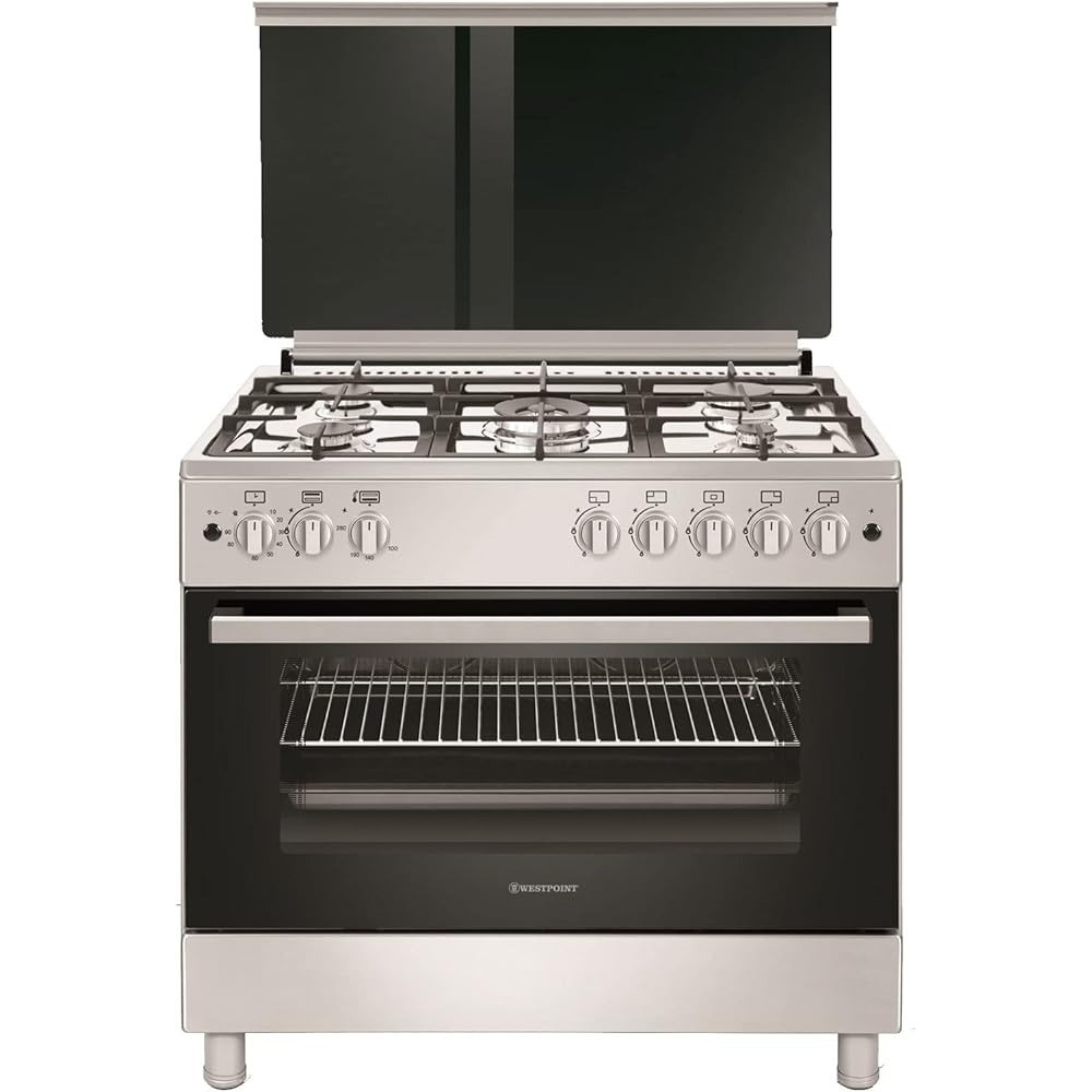Westpoint Stainless Steel 5 Gas Burner Full Safety Freestanding Cooking Range (90 x 60Cm), Grill Function, Timer Function, Cast Iron Support, Double Glass Oven Door, Auto Ignition, WCLR-9650G0CIID