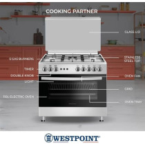 Westpoint Stainless Steel 5 Gas Burner Full Safety Freestanding Cooking Range (90 x 60Cm), Grill Function, Timer Function, Cast Iron Support, Double Glass Oven Door, Auto Ignition, WCLR-9650G0CIID