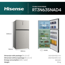 Hisense Two Door Top-Mount 635L Freezer Fridge, Precise Electronic Control, Big Capacity, Total No Frost, RT3N635NAD4, Silver