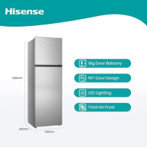 Hisense Top Mount Referigerator Top Freezer 250L Net Capacity Fridge, Big Door Balcony, No Frost, LED Interior Light, Deodorizing Filter, Multi Air Flow, 90 Degree Door Design, Silver, RT328N4DGN