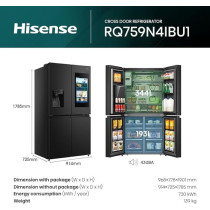 Hisense Four Door French Smart Refrigerator With Touch Screen, 538L Net Capacity, Water And Ice Dispenser, Premium Black, RQ759N4IBU1