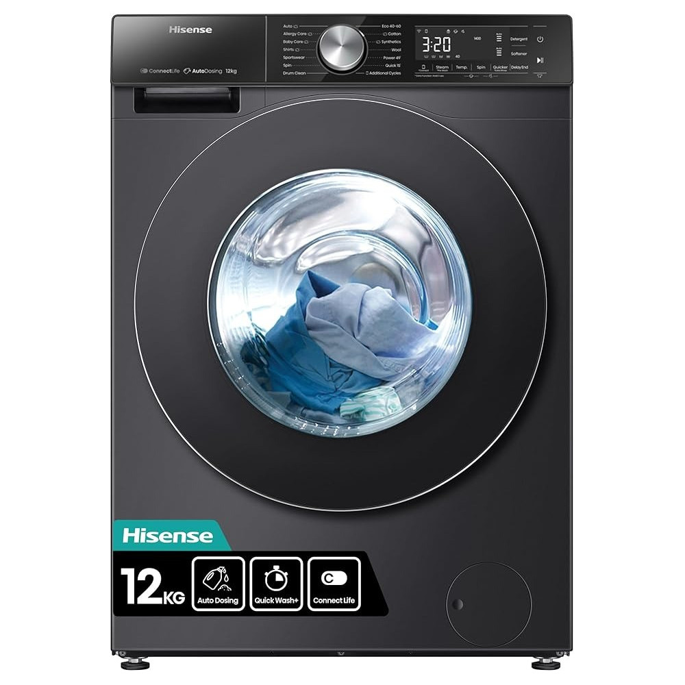 Hisense 5S Series 12 Kg Washing Machine With Inverter Motor, Smart Wifi, Ai Super Wash Technology, 1400 Rpm, Smart Energy Monitoring, 19 Programs, Auto Dosing System, Charcoal Black, WF5S1245BB