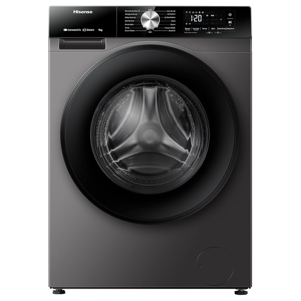Hisense 3S Series 9 Kg Washing Machine With Inverter Motor, Smart Wifi, 1400 Rpm, 15 Programs, Auto Wash, Titanium Grey, WF3S9043BT