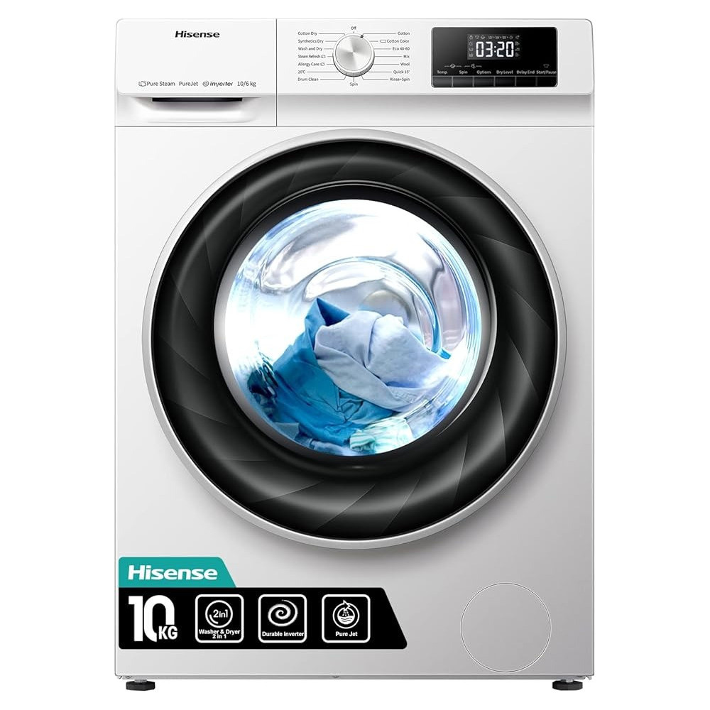 Hisense 60Cm Freestanding 10 Kg Front Load Washer Dryer, 1400 Rpm, Pure Steam, Purejet, Pause And Add, Inverter Motor, White, WDQY1014EVJM
