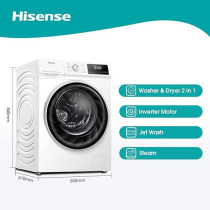 Hisense 60Cm Freestanding 10 Kg Front Load Washer Dryer, 1400 Rpm, Pure Steam, Purejet, Pause And Add, Inverter Motor, White, WDQY1014EVJM