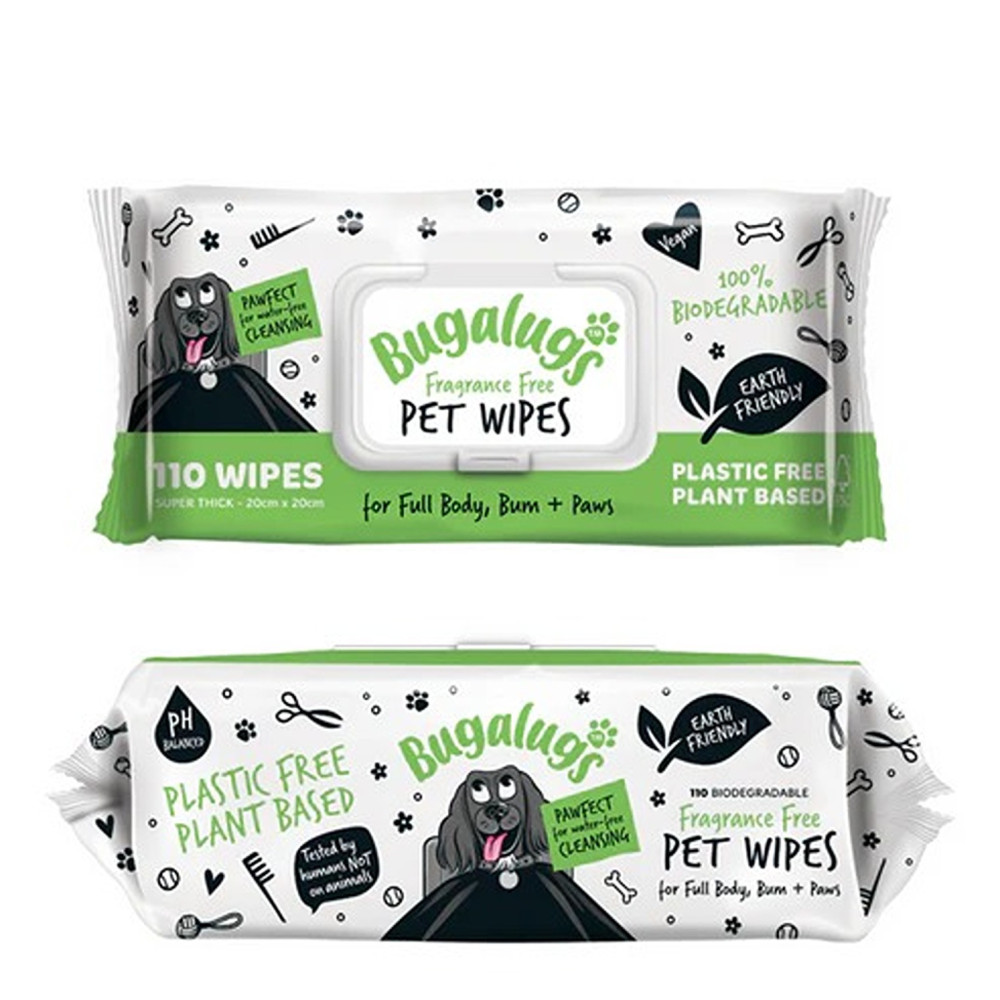 Bugalugs 110 Wipes Fragrance Free Biodegradable Dog Wipes