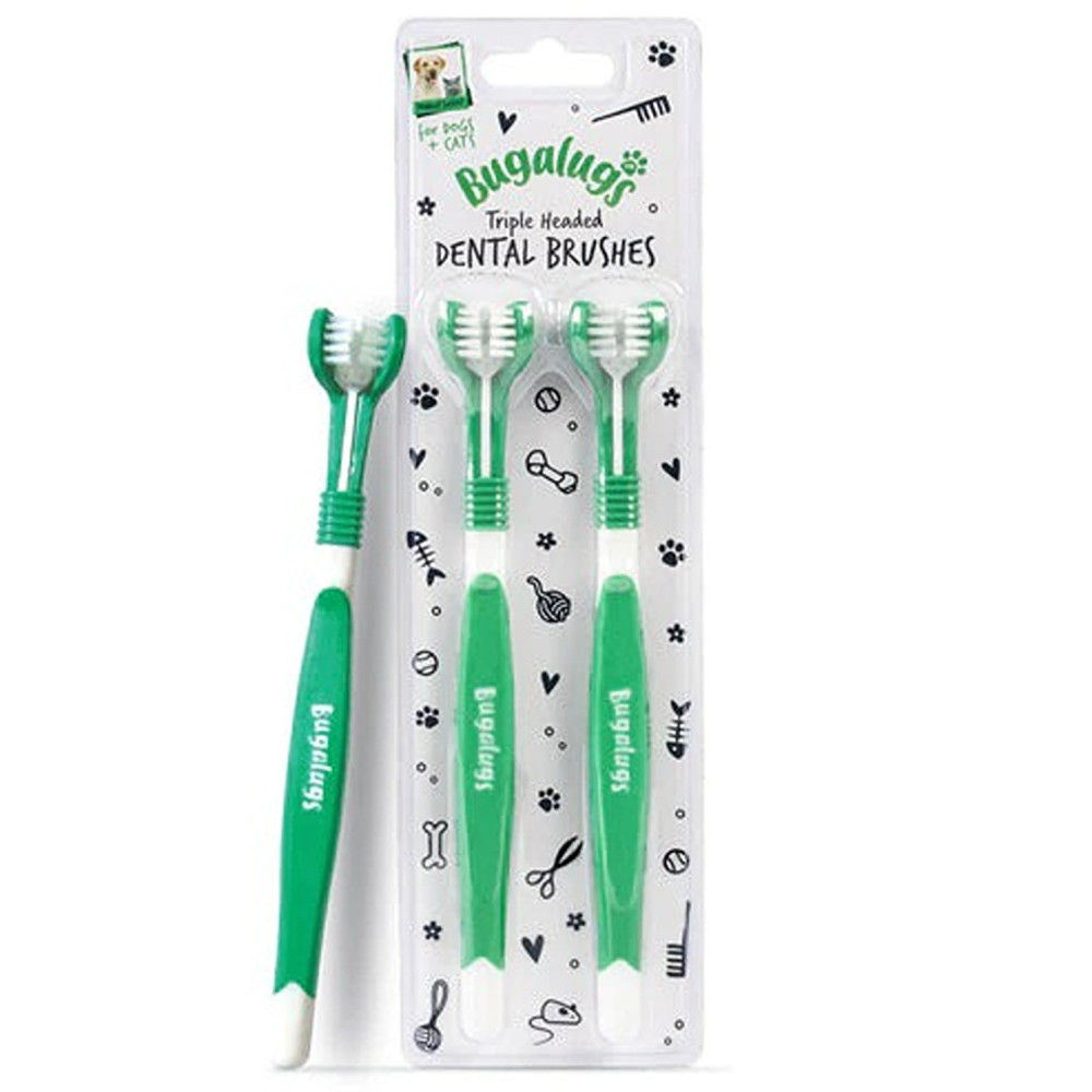 Bugalugs 2Pcs Triple Headed Toothbrush For Dogs And Cats