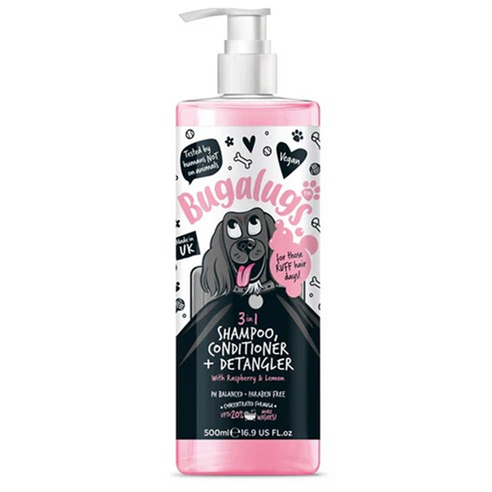 Bugalugs 500Ml 3 In 1 Raspberry And Lemon Shampoo Conditioner And Detangler For Dogs
