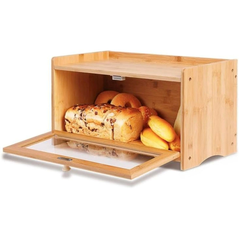 Deep Sleep Square Bamboo Bread Box With Clear Window – Rustic Airtight Bread Storage Container For Kitchen Counter Farmhouse-Style Organizer With Lid And Raised Edges Keeps Bread Fresh And Visible