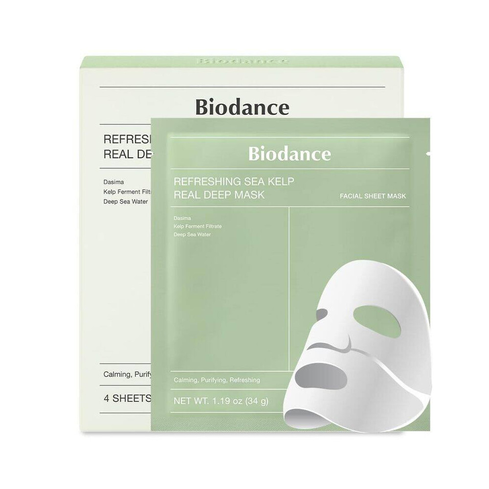 Biodance Refreshing Sea Kelp Real Deep Mask, Overnight Hydrogel Mask, Calming, Oil And Sebum Control, Blemish Care, 34G X Pack Of 4