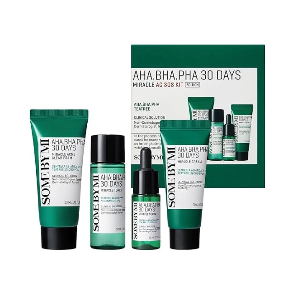 Some By Mi Aha Bha Pha 30Days Miracle Ac Sos Kit, Includes Toner 30Ml + Serum 10Ml + Cream 20G + Foam 30Ml, Mild Exfoliating Daily Skin Care Set For Skin Wastes, Sebum, Oiliness Care