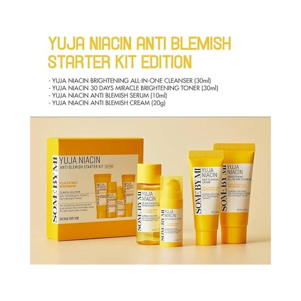 Some By Mi Yuja Niacin Anti-Blemish Starter Kit, Set Of 4 Travel Kit, Includes Toner 30Ml + Serum 10Ml + Gel Cream 30G + Sleeping Mask 20G, For Natural Brightning Of Skin