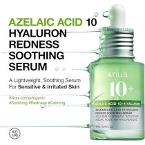 Anua Azelaic Acid 10 Hyaluron Redness Soothing Serum, Facial Serum For Sensitive Skin, Hyaluronic Acid, Niacinamide, Spot Care, Natural Color, Vegan, Korean Skincare, 30Ml