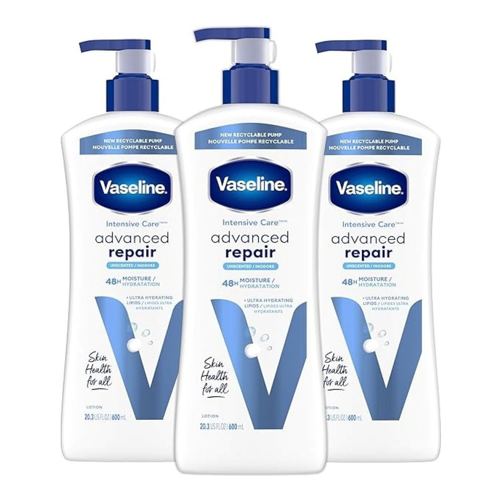 Vaseline Intensive Care Unscented Advanced Repair Body Lotion, Ultra-Hydrating With Lipids For Extremely Dry Skin, 600 Ml, Pack Of 3