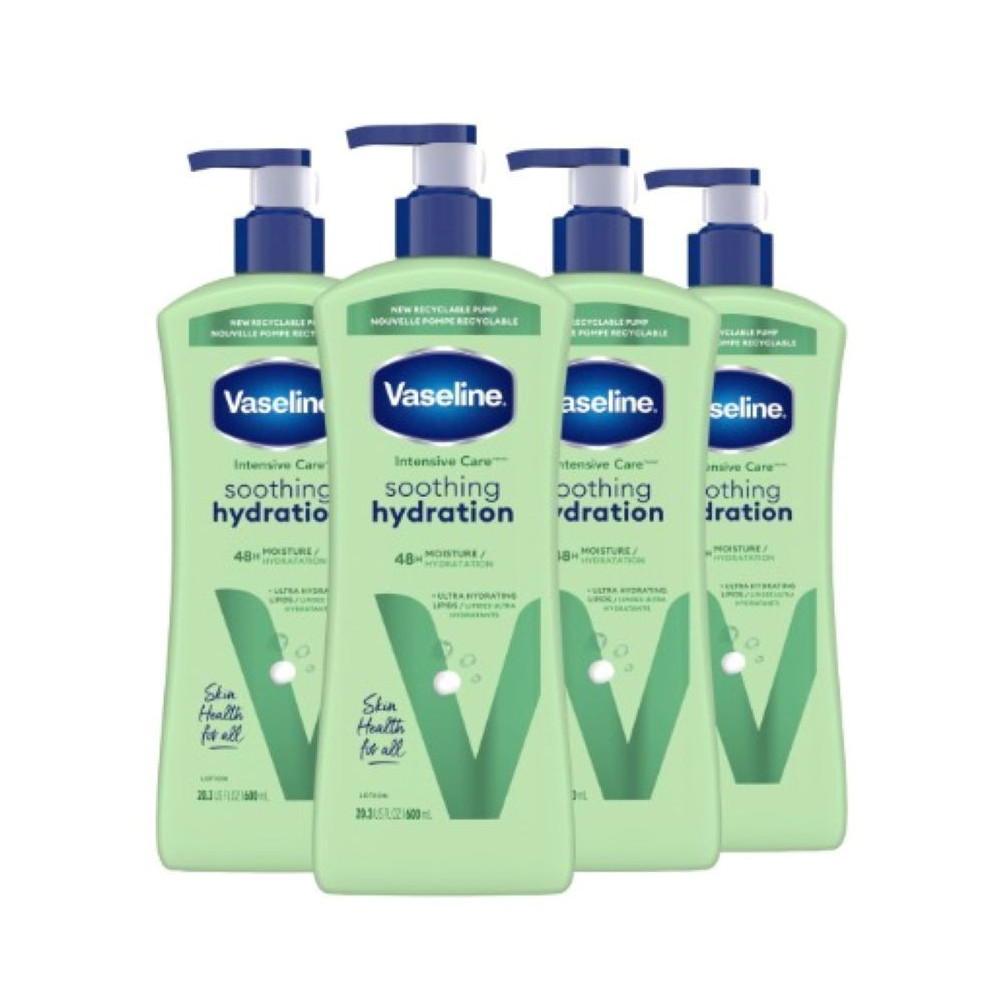 Vaseline Intensive Care Body Lotion, Soothing Hydration For Dry Skin With Ultra-Hydrating Lipids + 1Percentage Aloe Vera Extract To Refresh Dehydrated Skin, 600Ml, Pack Of 4