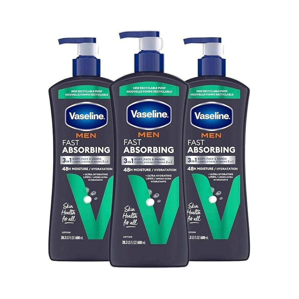 Vaseline Men's Healing Moisture Hand And Body Lotion For Dry Or Cracked Skin Fast Absorbing Non-Greasy Lotion For Men, 600Ml, Pack Of 3