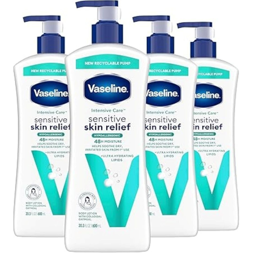 Vaseline Intensive Care Body Lotion 4 Pack Sensitive Skin Relief For Dry Skin With Colloidal Oatmeal And Ultra-Hydrating Lipids, 600 Ml