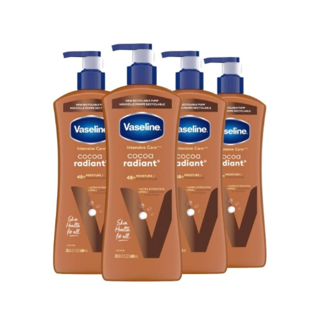 Vaseline Intensive Care Body Lotion Cocoa Radiant 4 Count For Dry Skin Lotion Made With Ultra-Hydrating Lipids And Pure Cocoa Butter For A Long-Lasting, Radiant Glow, 600 Ml