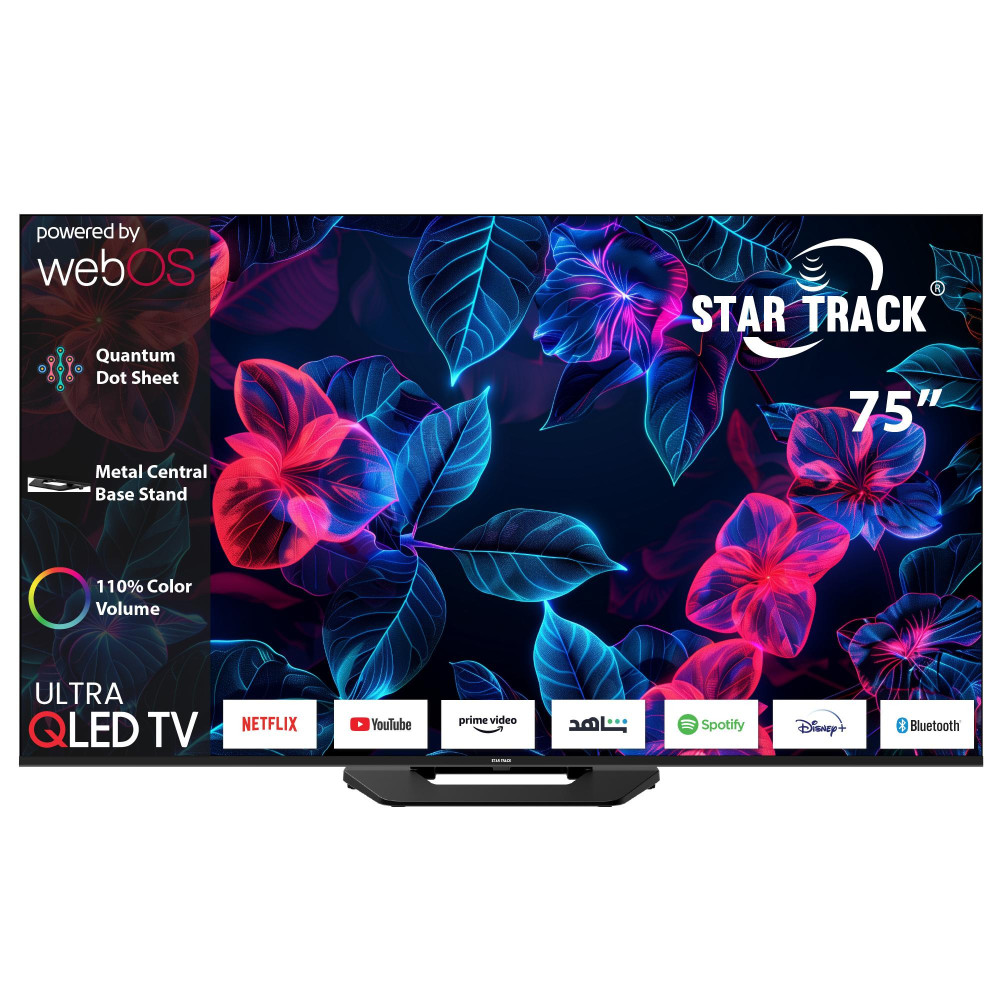 Star Track Ultra QLED TV 75 inch 4K HDR10+ WebOS Metal Central Base Stand| 110% Color Volume with Quantum dot| 400 Nits Ultra Bright Display| Dolby Vision Atmos| Air Mouse Remote| Apple AirPlay & Home