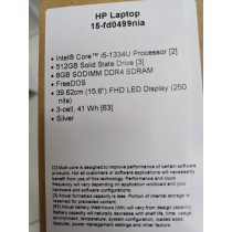 HP LAPTOP 15FD0499NIA, Core i5-1334U, 8GB Ram, 512GB SSD, Webcam, BT, 15.6” FHD Screen, Intel Iris X Graphics, DOS Natural Silver, Backlit and English Keyboard 1 Year Brand Warranty