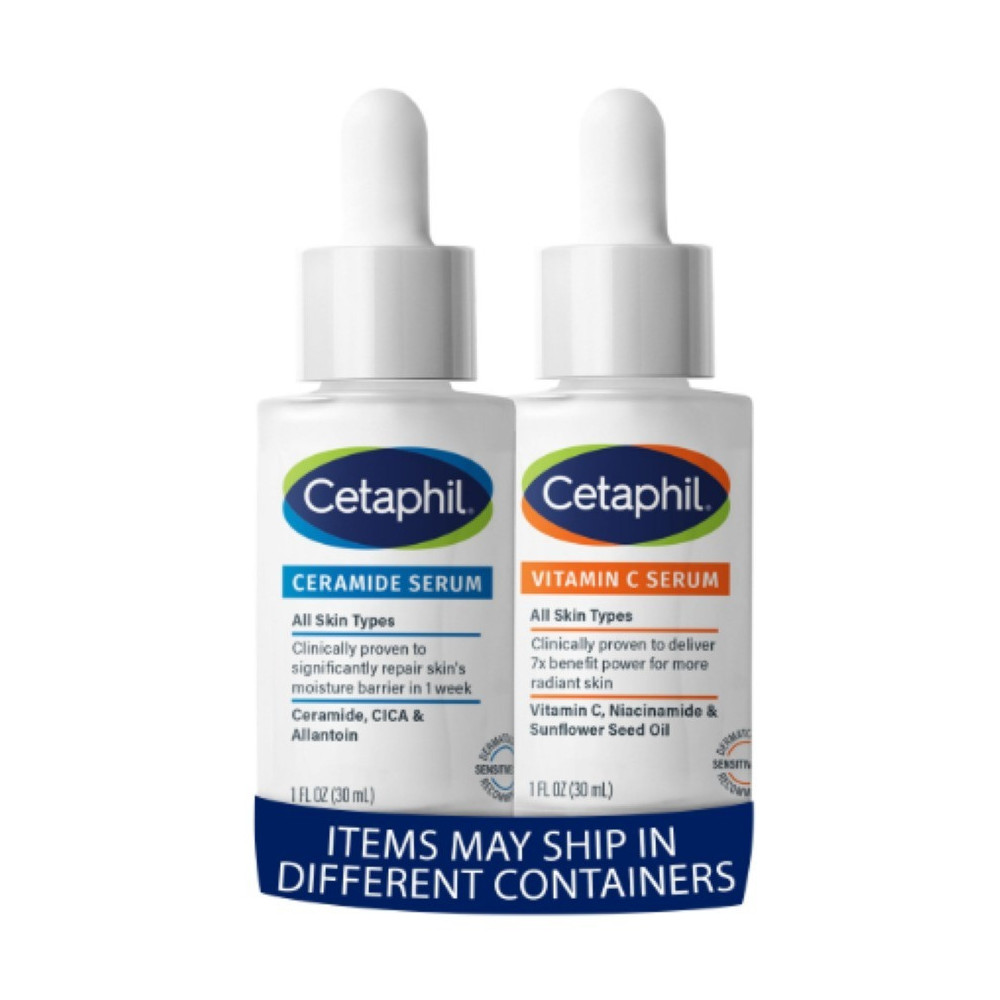 Cetaphil Vitamin C Serum, Reduces Look Of Dark Spots, Fragrance Free 1Oz + Ceramide Serum, Hydrates And Restores Skin Barrier, Designed For Sensitive Skin, 1Oz Bundle