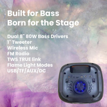Star Track HALO WAVE G1 - 80W TWS Bluetooth Speaker System Dual 8 Inch Bass Drivers, 1 Inch Tweeter, Wireless Mic, FM Radio, Flame Light Modes, USB/TF/AUX/DC Model ST-TS80W-AD