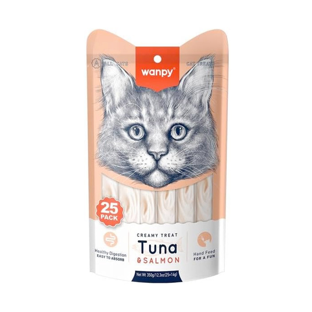Wanpy 14g x 25pc Creamy Lickable Cat Treats – Tuna & Salmon