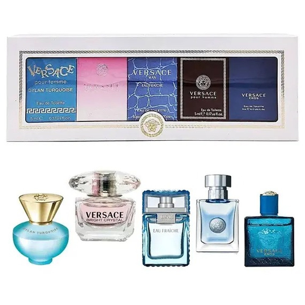 Versace Mini Set Eau De Toilette 5 x 5Ml (Bright Crystal Women + Pour Femme Dylan Turquoise + Eros Men + Man Eau Fraiche + Pour Homme)