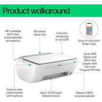 HP Deskjet Ink Advantage 2875 Wireless Print, Copy, Scan, All-In-One Printer, White, 60K47C