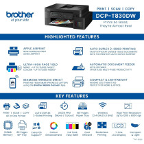 Brother Wireless All In One Ink Tank Printer, DCP-T830DW, Automatic Duplex Print & Scan, Adf, Email & Mobile Print, Network Connectivity, Compact Design