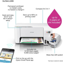 Epson Ecotank L3256 Home Ink Tank Printer A4, Colour, 3 In 1 With Wifi And Smartpanel App Connectivity, White, Compact