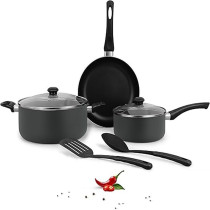 Delici 7 Piece Nonstick Cookware Set 10X Tougher Coating, Compatible With Hot Plate, Ceramic And Gas Surfaces - 24Cm Casserole With Lid, 18Cm Saucepan With Lid, 24Cm Frypan And 2 Nylon Spatulas