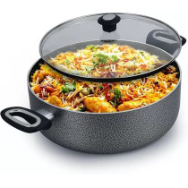 Delici Dum Biriyani Pot 28 Cm Hammertone Biriyani Vessel, Superior Aluminium Body Granite, Healthy Non Stick, Tempered Glass And Aluminium Lids Heatproof Bakelite Handle, Multiple Cooktop, Stain Resistant
