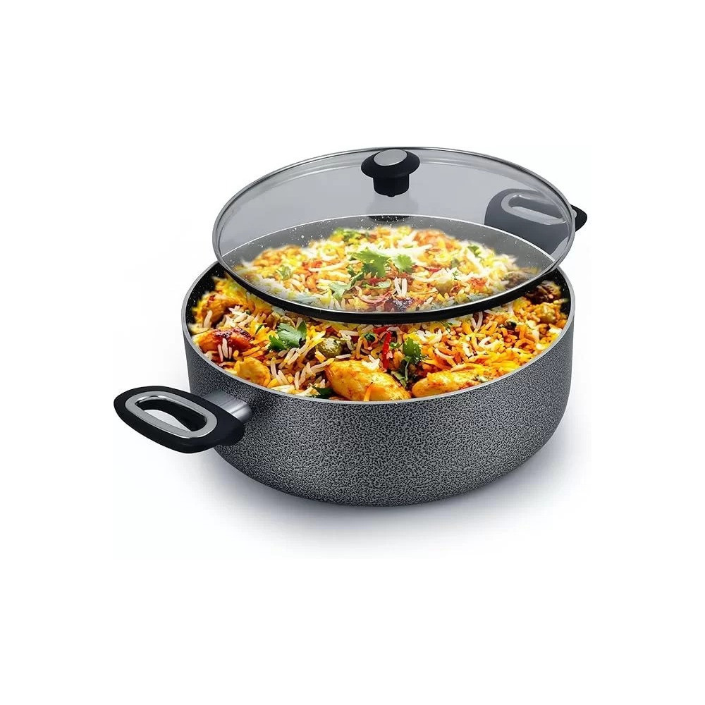 Delici Dum Biriyani Pot 28 Cm Hammertone Biriyani Vessel, Superior Aluminium Body Granite, Healthy Non Stick, Tempered Glass And Aluminium Lids Heatproof Bakelite Handle, Multiple Cooktop, Stain Resistant