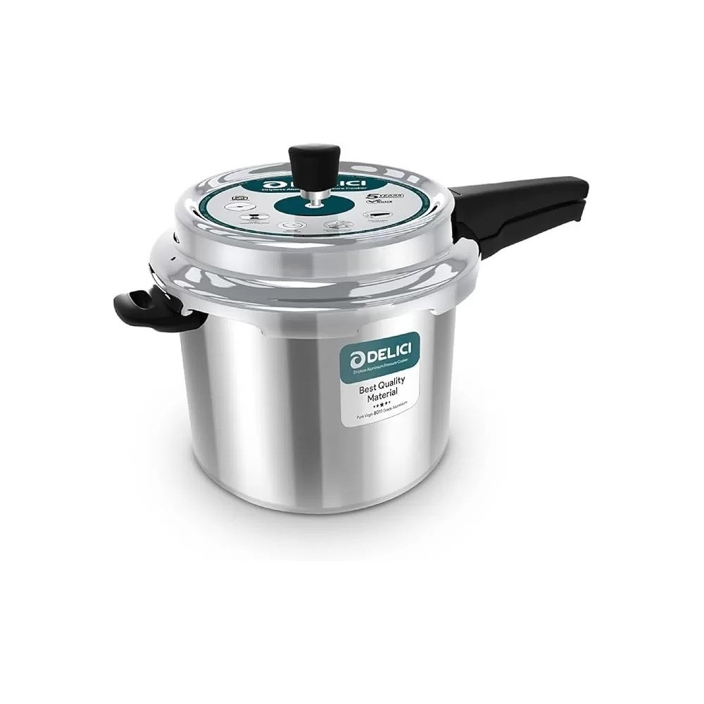 Delici Dripless 10-Litre Pressure Cooker Premium Virgin Aluminium, Smart Spillage Control, High Thermal Heating, Quality Regulator, Leak-Free Lid, Heat-Proof Handle, Anti-Bulging Bottom Silver, Adpc10E