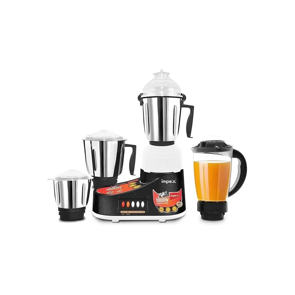Impex 4-In-1 Mixer Grinder 1000W, Bl 1004 – Heavy Duty Blender With Stainless Steel Jars And Hardened Blades, 100 Percentage Copper Motor Overheat Protection, 3-Speed Control, Black And Silver