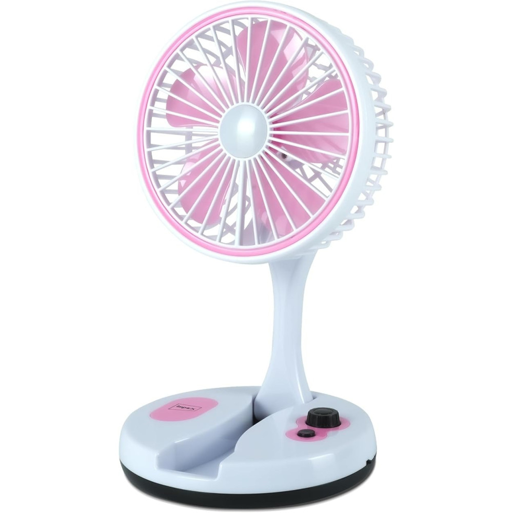 Impex Rechargeable 7 Inch Table Fan, Travel-Friendly Portable Desk Fan With 6 Hr Back-Up, 6 Smd Led Night Lamp Type-C Charging Port, Perfect For Home, Office Travel Outdoor Breeze D2 Pink/White