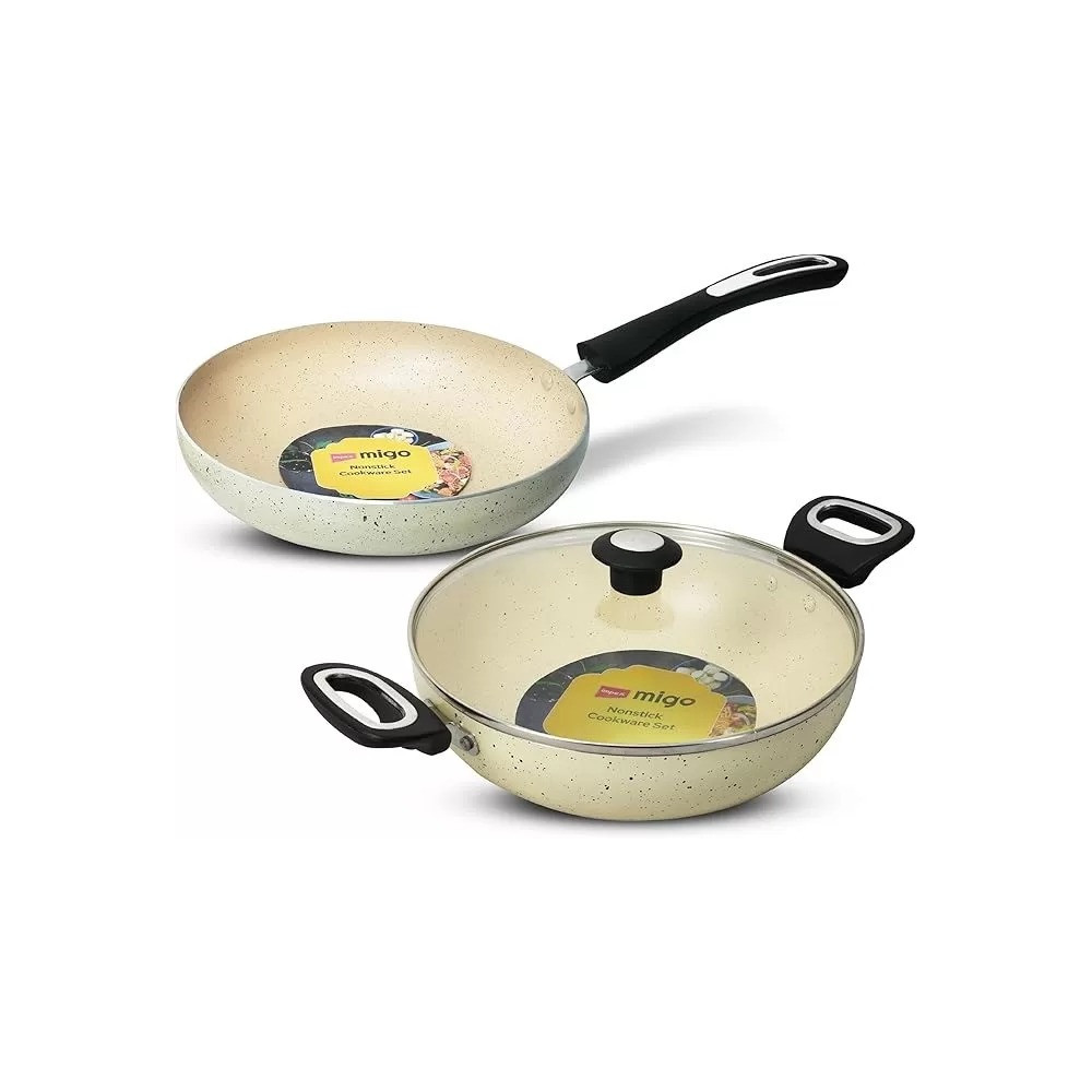 Impex Migo Nonstick Cookware Set, 3 Pcs Induction Bottom With 3 Mm Thickness, Aluminium With Granite Finish, 5 Layer Super Granite Coating, Pfoa Free, Beige